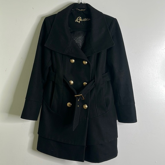 Guess black woo blend double breast coat size medium p - Picture 1 of 15